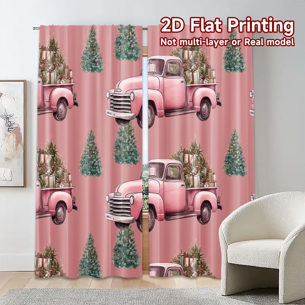 Set Of 2 Flat Printing Jit Curtains Without Rod Festive Truck Journey Fashionable Chic Polyester Curtain Made