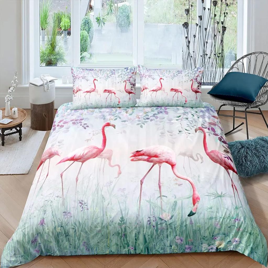 Pink Flamingo Comforter Cover Green Palm Leaves Printed Bedding Set Duvet Cover for Teen Boys Girls Women Full Queen King Size