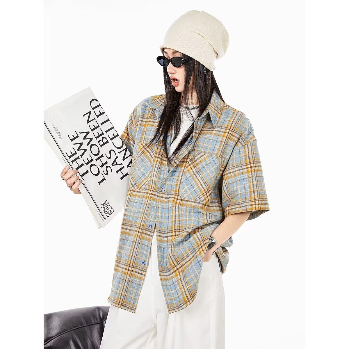 

Рубашка в клетку в стиле ретро для женщин на весну и осень, тонкий стиль, свободный летний дизайн, рубашка с длинными рукавами Niche, верхняя одежда, рубашка Inch 2XL жёлтый