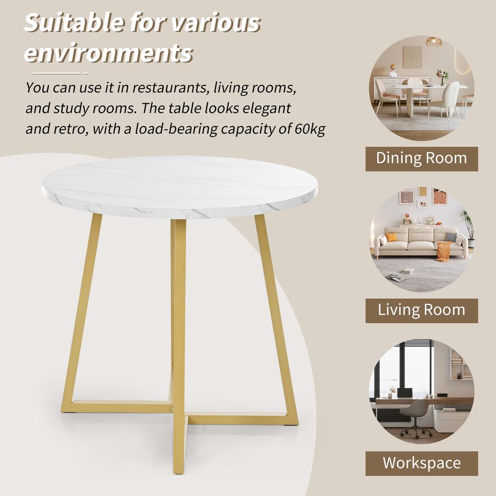Round Dining Table (1 Piece), Unique Metal Frame, Dining Table with Modern Marble Pattern, Suitable for Dining Room, Living Room, White/Gold