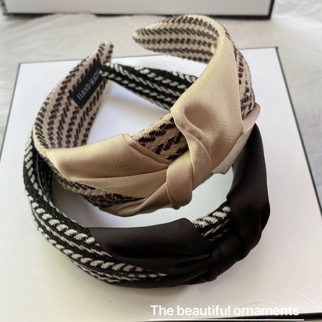 Korean Version Temperament Thousand Bird Grid High-end Feeling Headband Wide Edge Knotted Striped Headband Women's External