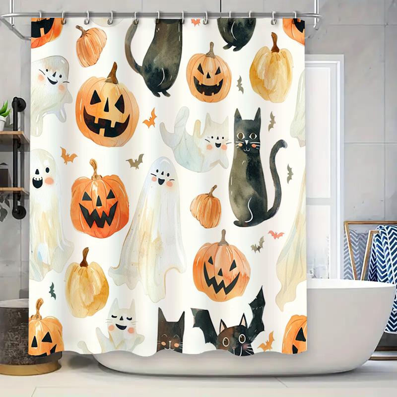 Halloween-themed Shower Curtain with Pumpkin Cat Bat Print for Halloween Decoration In Bathroom Accessories from Home Garden On