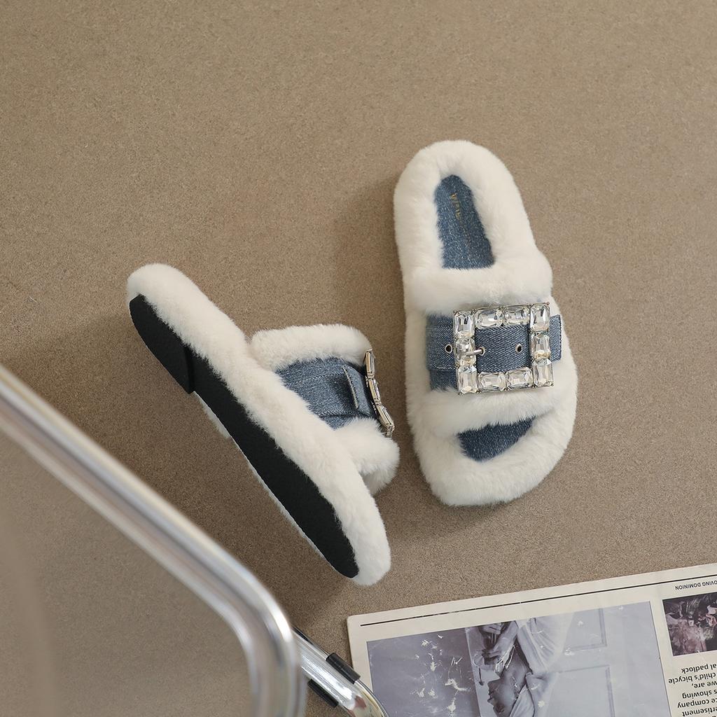 New Spot, Thick-soled Fluffy Shoes for Women To Wear Autumn and Winter Plush Internet Celebrity Rhinestone Denim Blue Plush Slippers