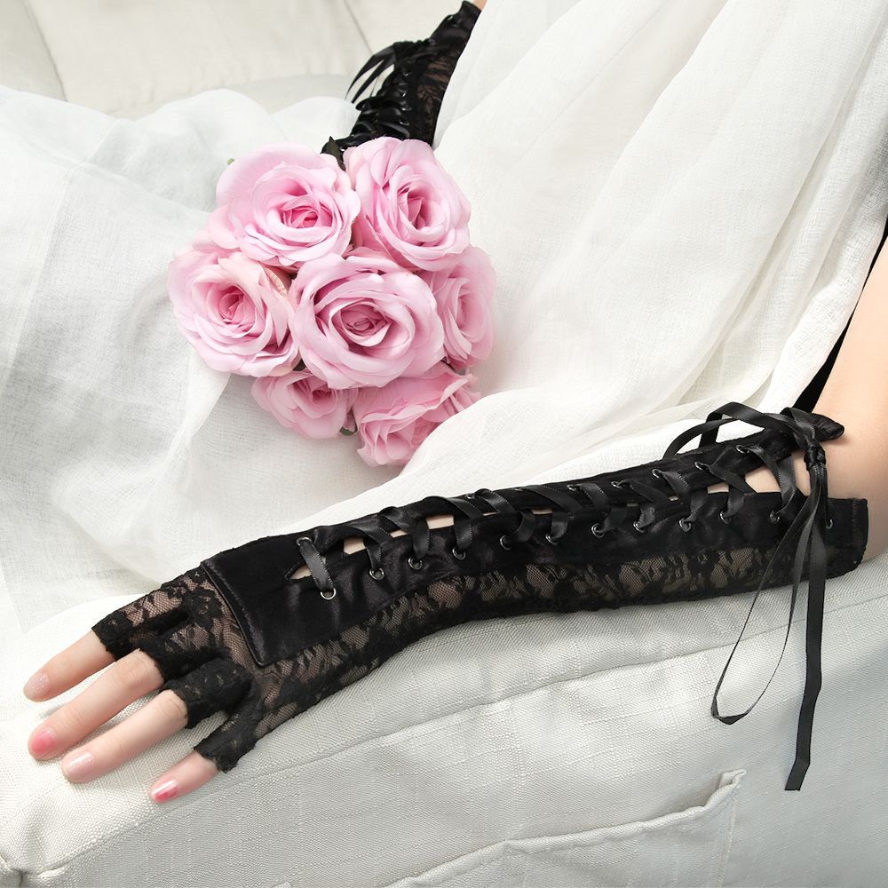 Pair Women Fingerless Party Cosplay Ritual Dance Gothic Gloves Silk Ribbon Punk Mittens Lace Gloves