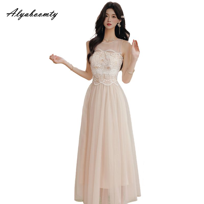 Fairycore Summer Women Midi Sweet Sundress O Neck Lace Patchwork Mesh Romantic Tank Dress Sleeveless Elegant Feminine Ladies' Dress
