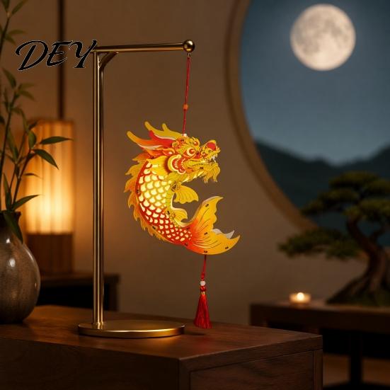 Portable Lantern Toy Chinese Dragon Fish Kit, DIY Coloring Crafts for Mid-Autumn Handheld Wooden Festival, Handmade Assembly Kids Adults
