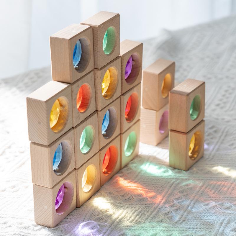 Large particle light-transmitting building block rainbow gemstone beech wood solid wood puzzle children creative building toy
