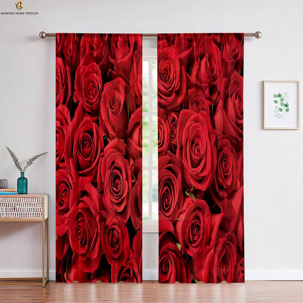 Red Vintage Rose Flower 3d Printed Curtain Bedroom Living Room Study Window Decoration Curtain Home Decoration 2 Pieces