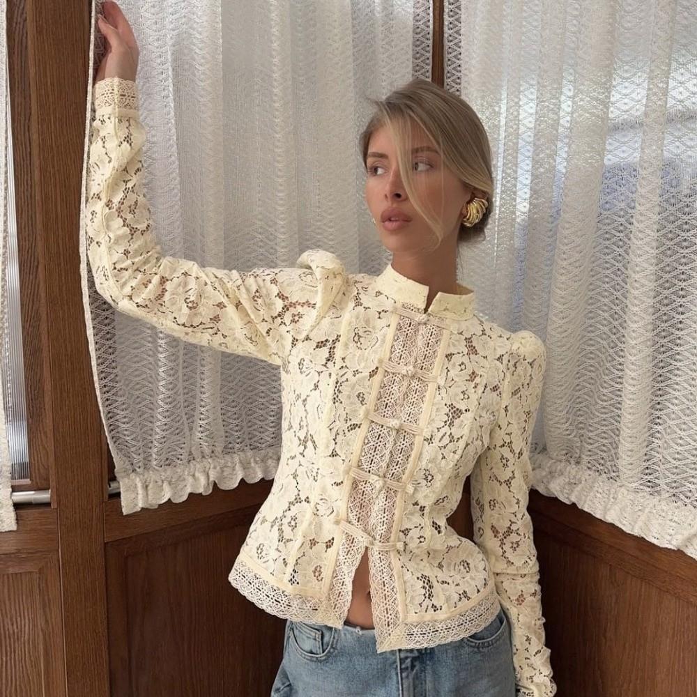 Long Sleeves See-Through Blouse Slim Fit Women Shirt Tops Vintage Lace Printed Shirts Spring