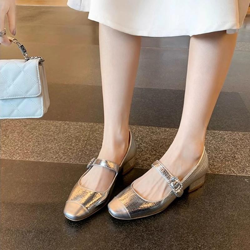 Leather Version Shoes Silver Mary Jane Shoes Women's Thick Heel Versatile Light Mouth Single Shoes Round Head Rhinestone Buckle French High Heels
