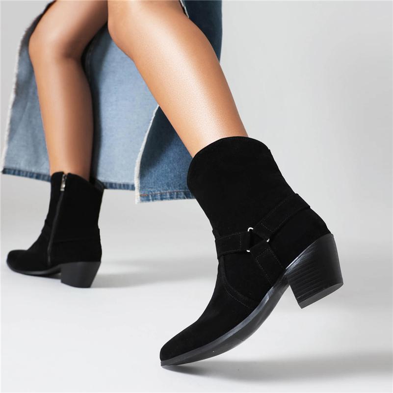 Dámské Kotníkové kovbojské boty s kulatou špičkou Robustní střední podpatky zip západní kovbojské krátké boty dámská módní obuv zimní 46