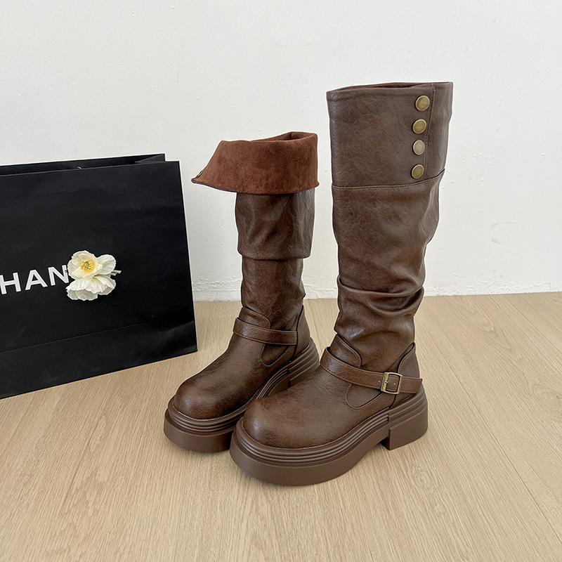 

Черные сапоги на толстом каблуке и платформе в ретро-британском стиле для женщин, новинка сезона весна-осень 2025 года, увеличивающие рост, и тонкие рыцарские сапоги 39 коричневый