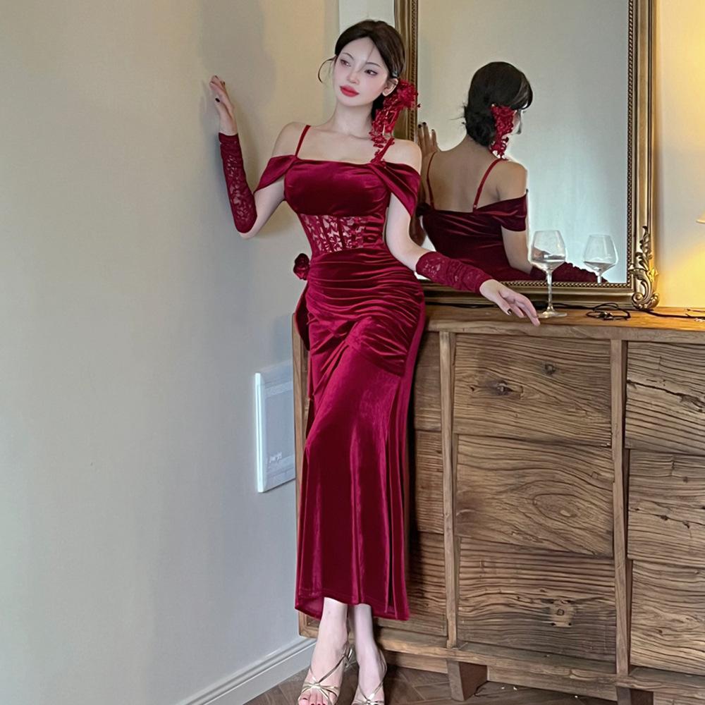 Sexy temperament black dress women's autumn new lace splicing one-word shoulder pleats slim-fitting long skirt women