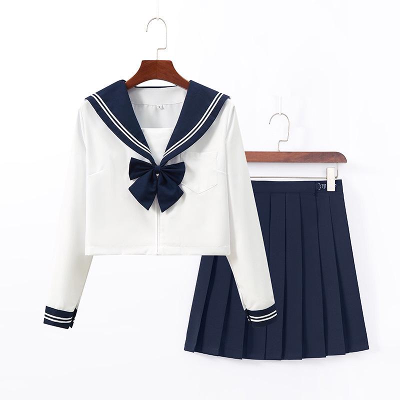 Navy Collar White Sailor Suit JK Uniform Set with Skirt