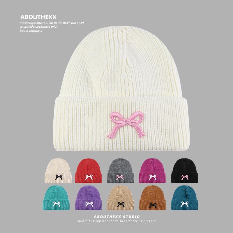 Autumn and Winter Hats  Women's Bow Knitted Hats  Korean Style  Versatile and Face Enhancing Small Woolen Hats  Outdoor Warm Pullover Cold Hat Trend