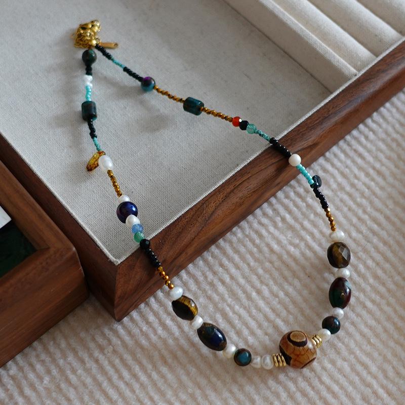 Tiger'S Eye Beaded Halskjede Maillard Oval Premium Genserkjede Titanium Stål Vintage Coffee Naturstein Clavicle Chain