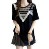Women's Black Striped Lace Trim T-Shirt Short Sleeve Round Neck Loose Fit Casual Top