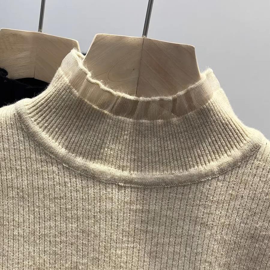 Svetr s polovičním vysokým límcem a silným sametem, Dámský podzimní a zimní sametový pletený svetr s integrovanou krajkovou hranou