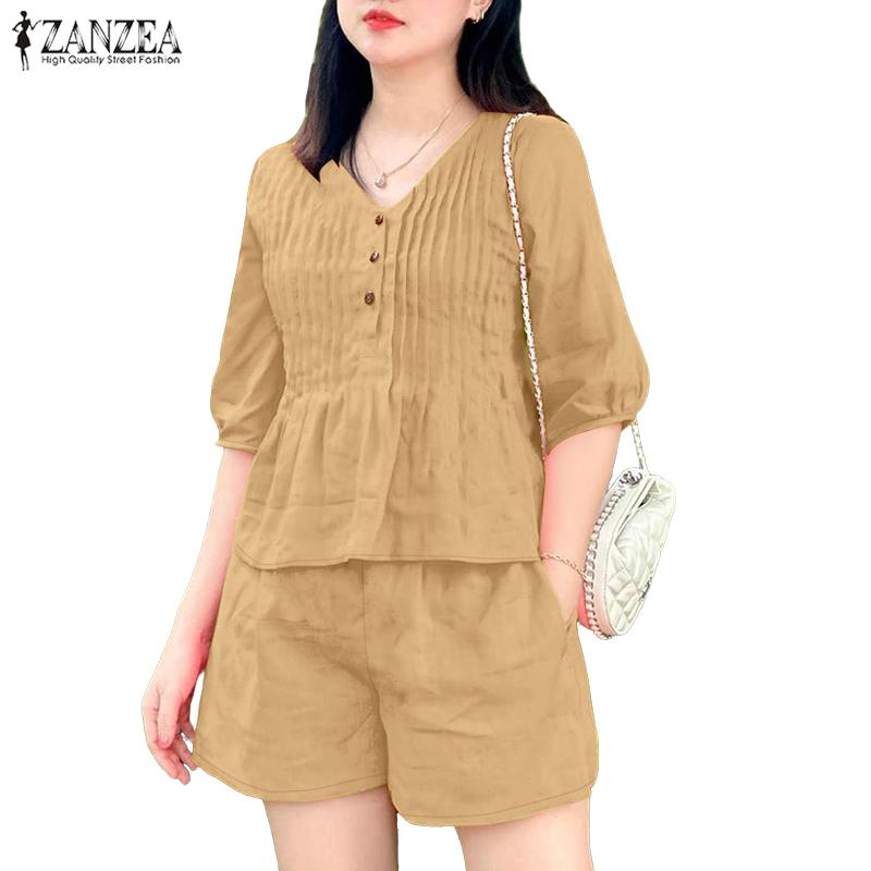 ZANZEA Set de Vară pentru Femei cu Bluză cu Mânecă Scurtă și Pantaloni Scurți