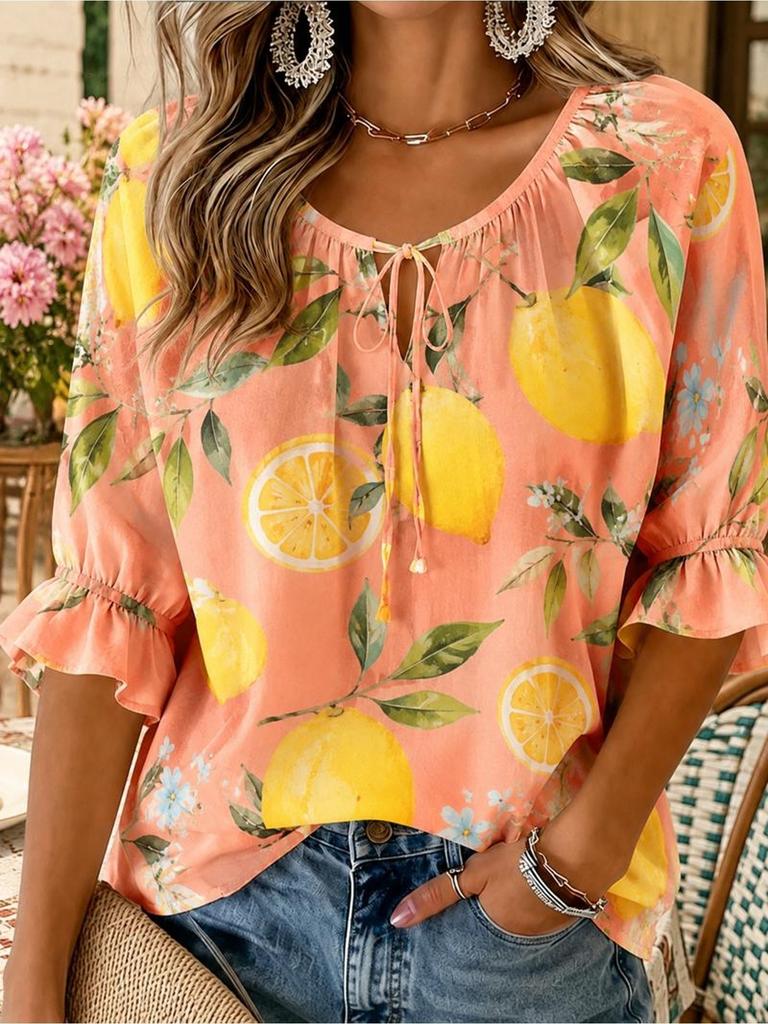 Damen Bluse mit Orangen-Frucht-Blatt-Blumenmuster, Krawatte, V-Ausschnitt, 3/4 Rüschenärmel für den Sommerurlaub