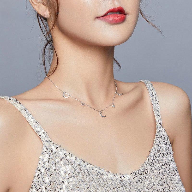 Sterling Silver 925 Moon & Star Pendant Necklace for Women Chain Necklaces Jewelry