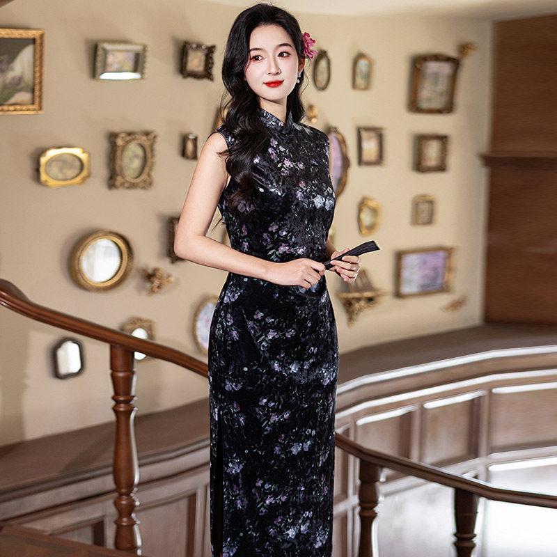 Black velvet sleeveless national style new Chinese style long improved cheongsam new young women s high sense spring and summer S