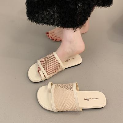 Fashion 2025 New Women's Elegant Slippers Flat Sole Large Mesh Upper Square Toe Women's Fashionable Dress Daily Commute Roman Shoes
