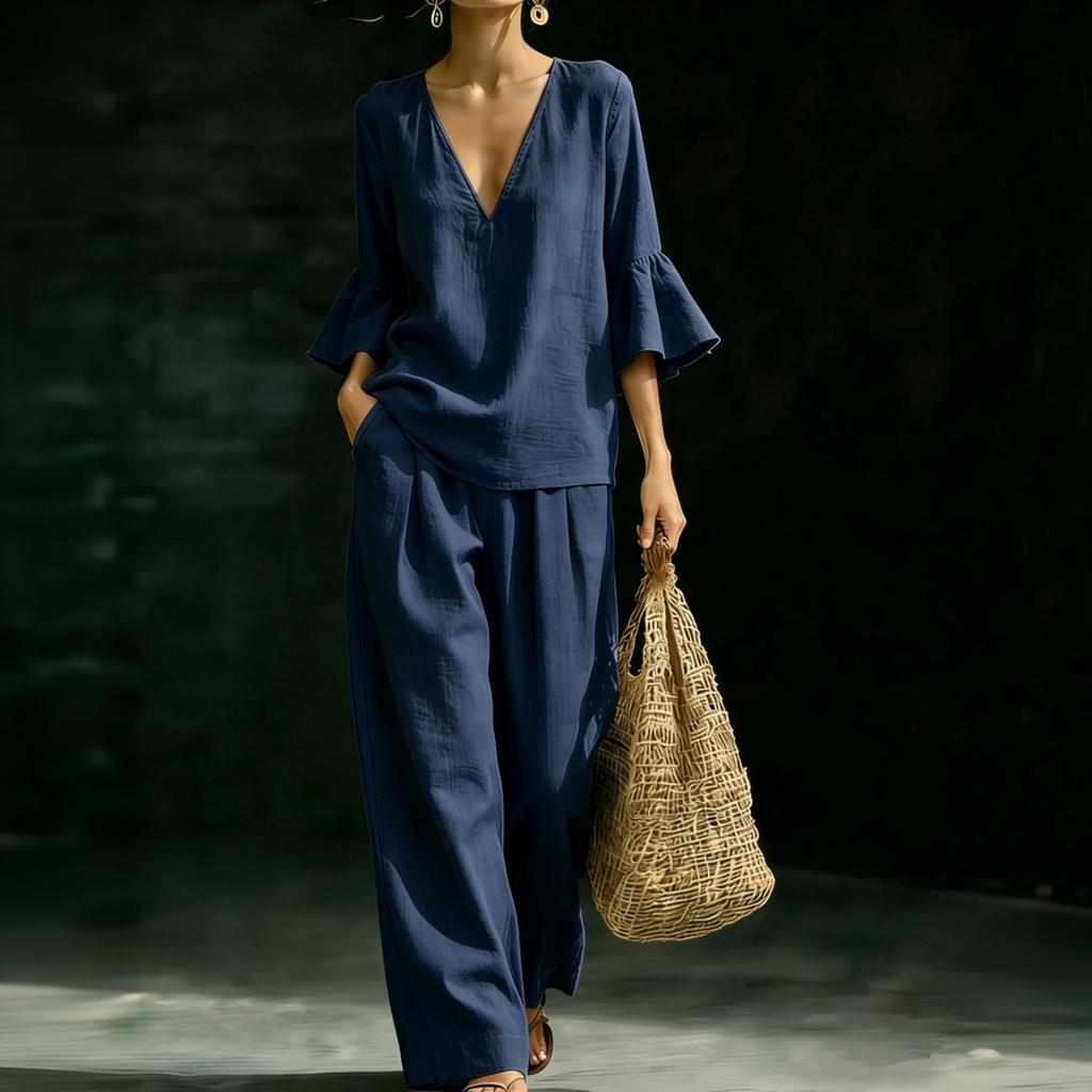 Women's Cotton Linen Two Piece Set V Neck Ruffle Sleeve Top and Loose Fit Casual Wide Leg Pants Lightweight Breathable Outfit