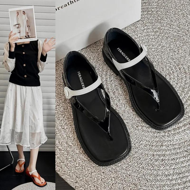 Fashion Sexy Thin Straps Flat Sandals Women 2025 Summer Footwear Chic Metal Square Toe Soft Leather Beach Tr Shoes for  Wholesale