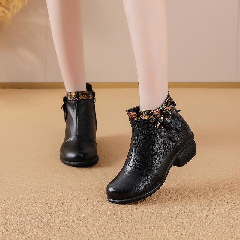 Johnature Genuine Leather Shoes Retro Ethnic Style Thick Heel Versatile Women's Short Boots