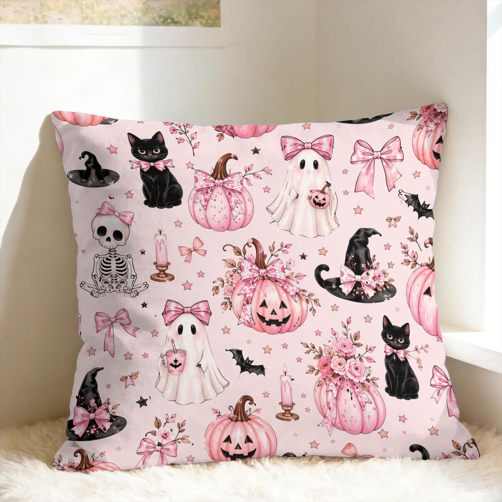 Pink Coquette Ghost Halloween Pillowcases Retro Trendy Pillow Case For Sofa Car Home Decor Comfy Pillow Cover