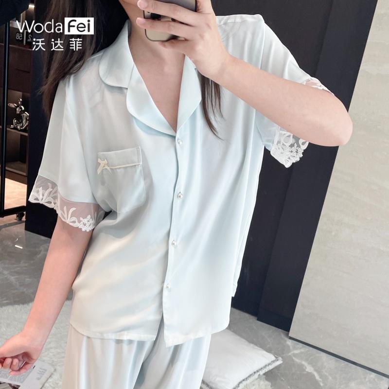 

Women s Summer Lace Cuff Pajamas, Short Sleeve, Lightweight, Versatile for Indoor or Outdoor Wear Extra Large синий