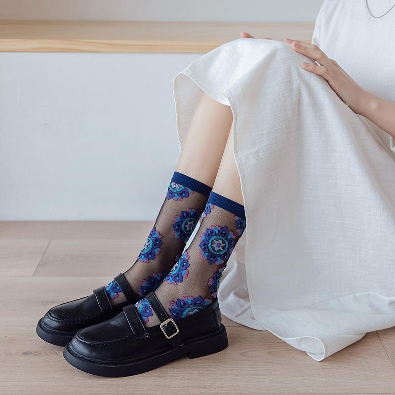 Glass Silk Socks Women Summer Ultra-thin Transparent Crystal Silk Socks Breathable Harajuku Retro Embroidery Elastic Long Socks