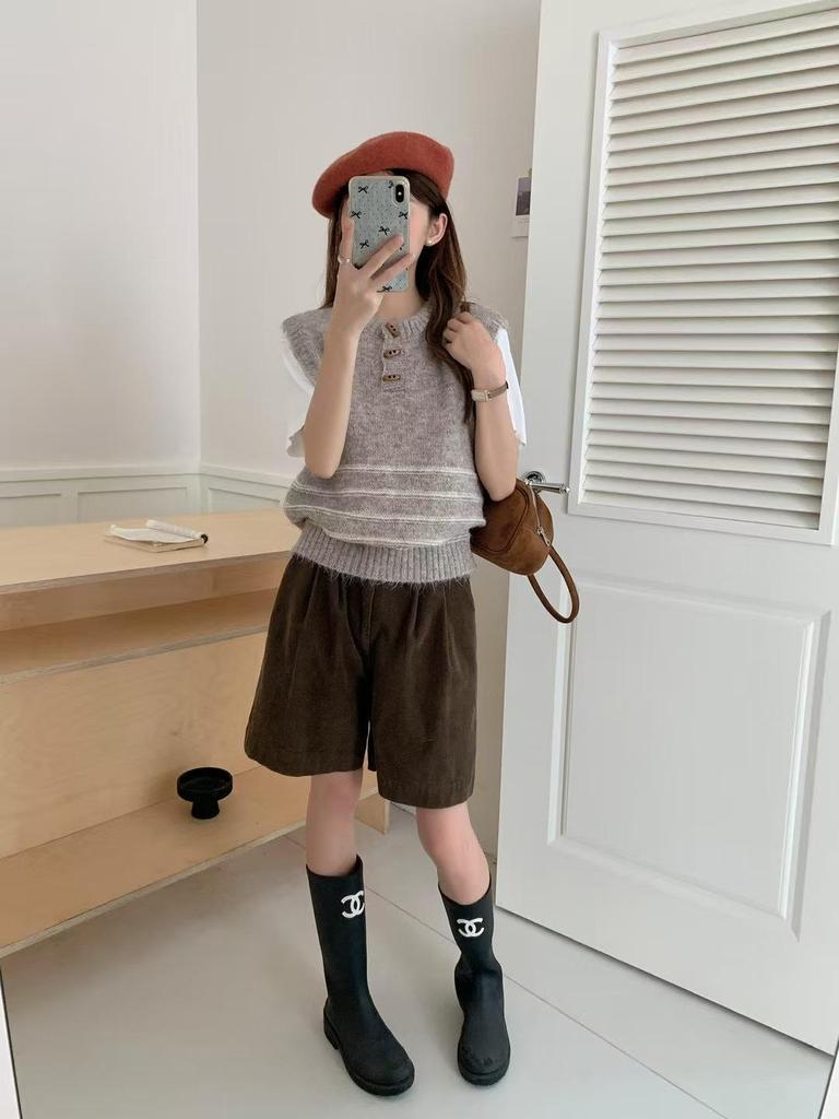 2025 Korean Retro Stripe Knit Vest with Horn Buttons - Women's Sleeveless Round Neck Sweater