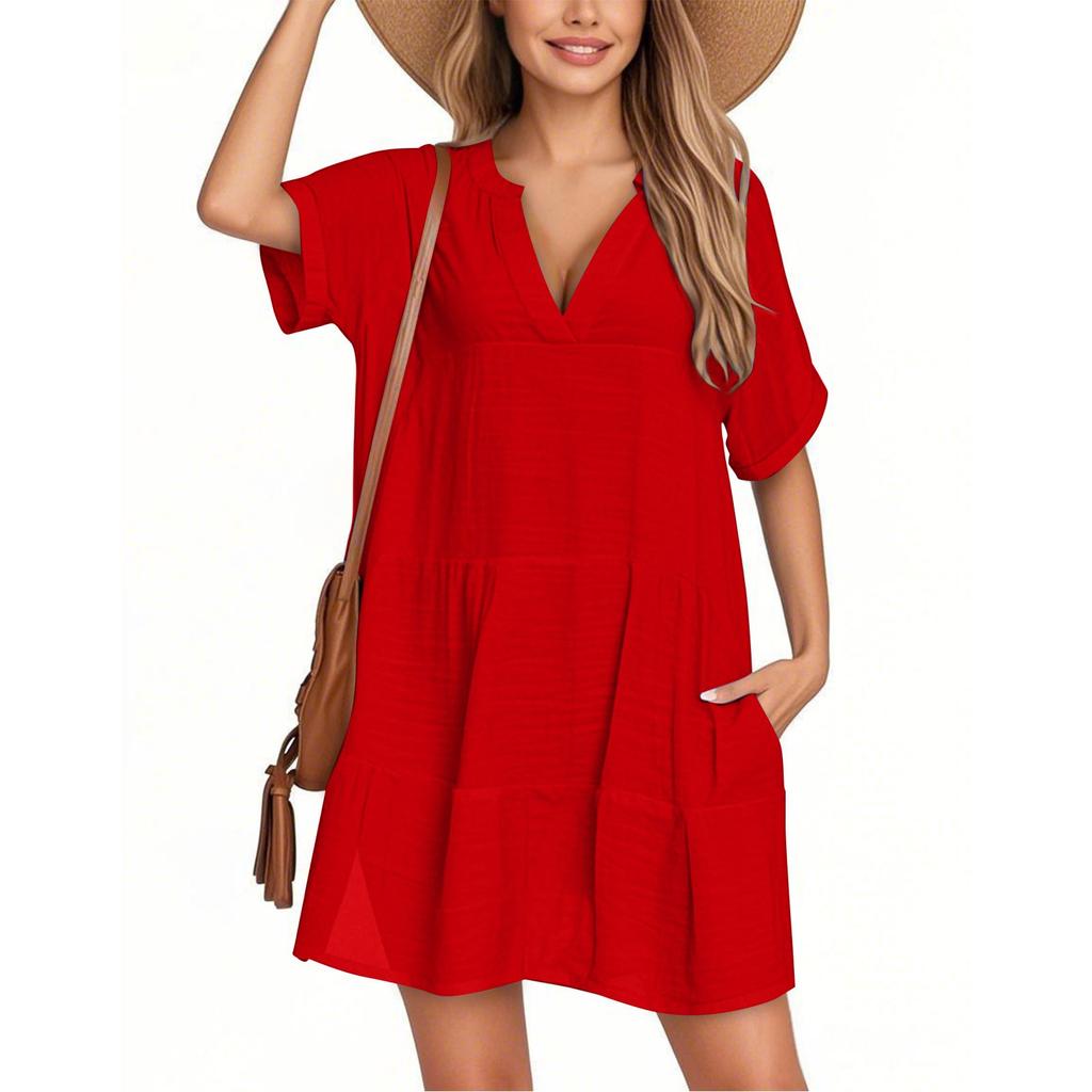 Women's Fashion Smock Casual Short-sleeved V-neck T-shirt Dress Holiday Beach Dress