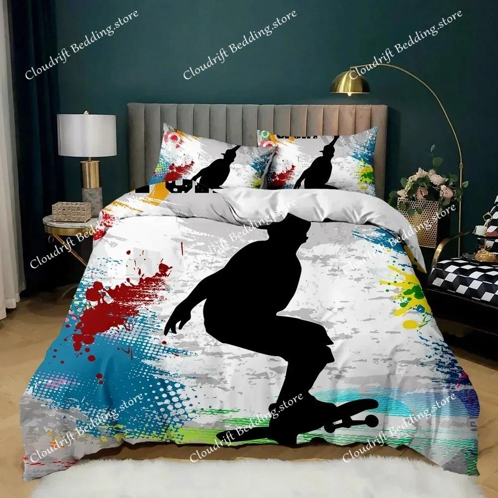 Skateboard Duvet Cover Set Hip Hop Style Bedding Set Colorful Rainbow Tie-Dye Hippie Abstract Graffiti Art Polyester Qulit Cover