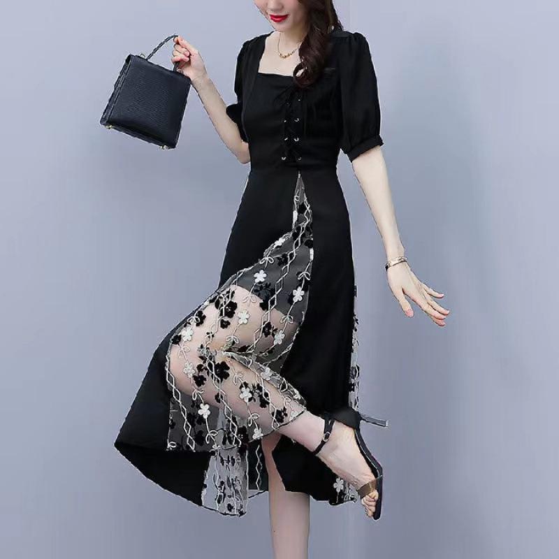 Hepburn Mesh Patchwork Plus Size Dress - Slimming Waist, Elegant Short-Sleeve, Long Summer Style for Women XL