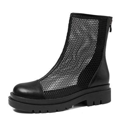 Women's Fashion Short Boots Solid Color Thick-heeled Round Toe Low-heeled Black and White Net Boots