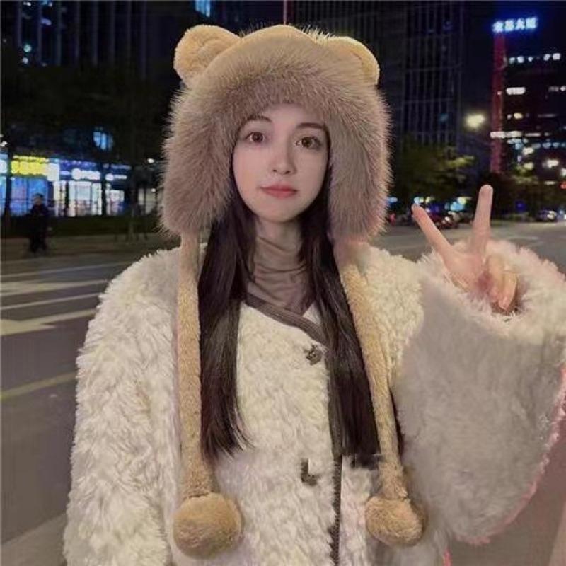 Winter fluffy hat cute ears pullover hat outdoor warm ear protection bag head cold hat fleece thickened millinery hat