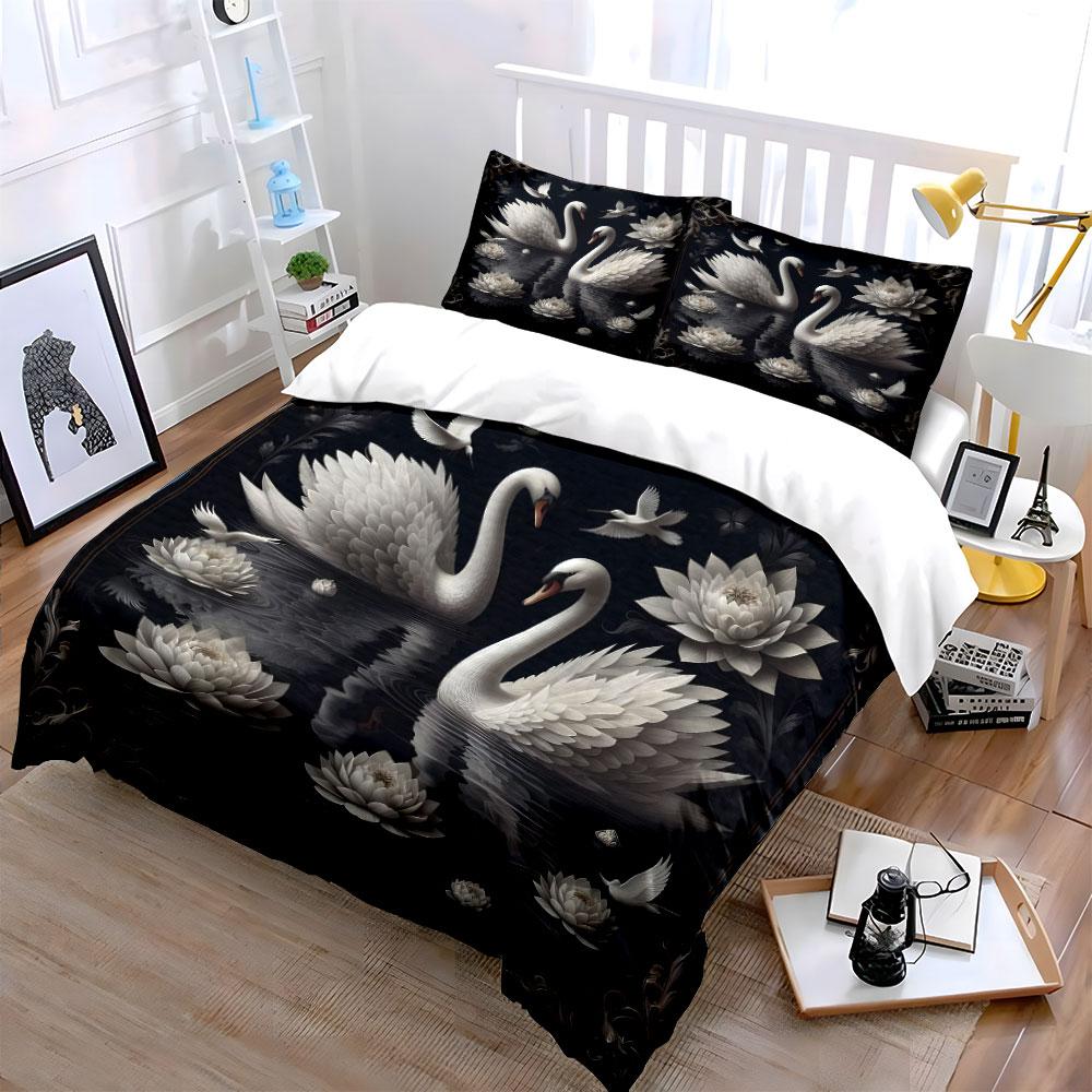 Elegant Swans With Lotus Flowers Printed Duvet Cover Set1 Duvet Cover+2 Pillowcasemulti Size Bedroom Bedding Decor Luxury Gift
