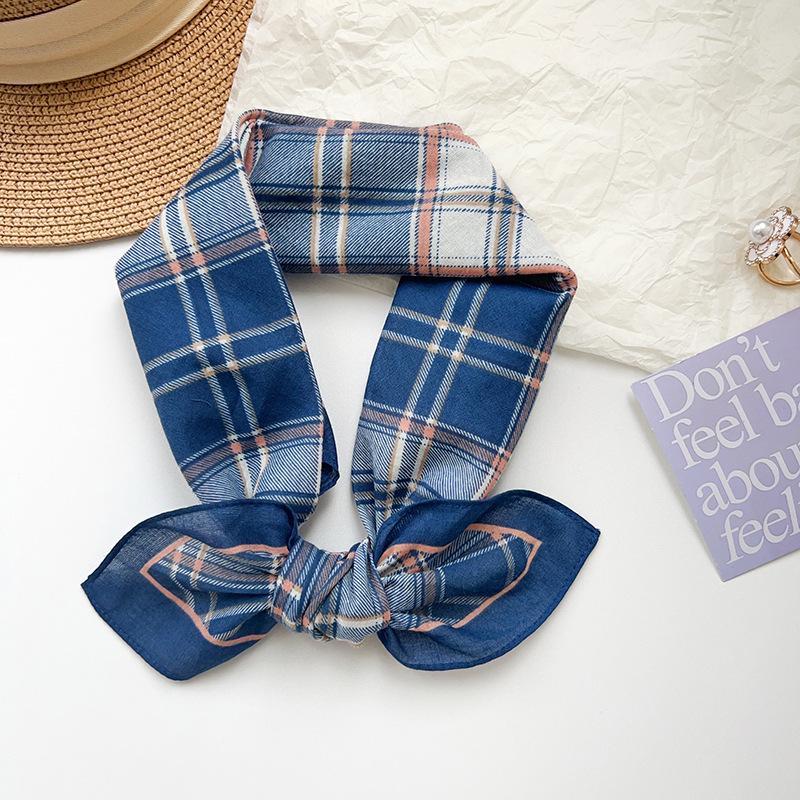 100% cotton Korean design blue plaid small square scarf women s spring and summer versatile with shirt decoration small scarf silk scarf