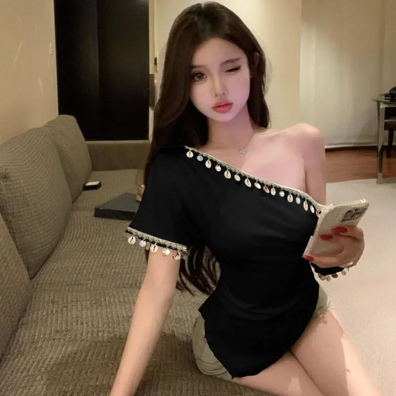 Women's One Shoulder Slim Fit Short Sleeve Top Ruffled Cuff Decorative Tight Casual Daily Blouse