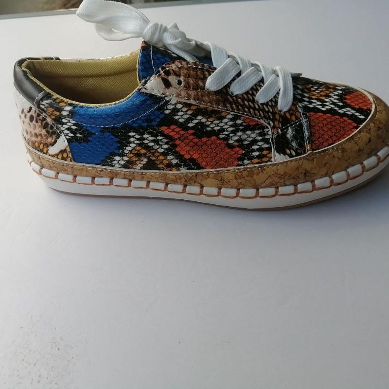 Large Size Lace-up Flat-soled Single Shoes Women's Spring and Summer New Large Size Snake Pattern Platform Casual Shoes