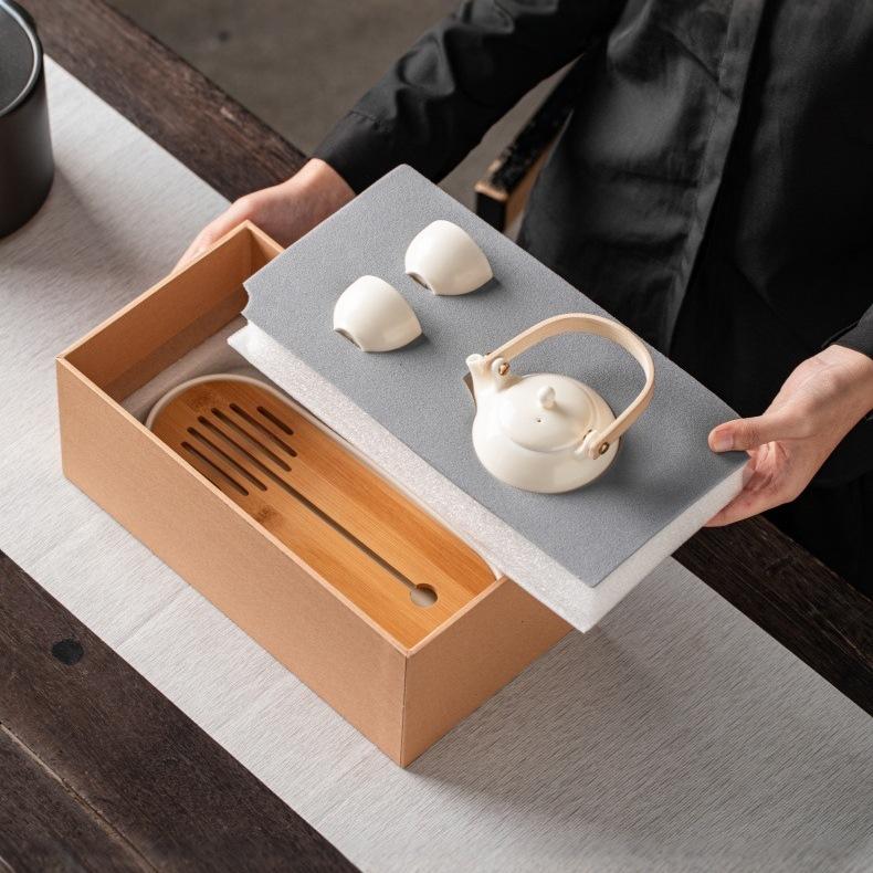 Cream Wind Beam Pot Kung Fu Tea Set Hotel Homestay One Pot Two Cups Ceramic Tea Set Teapot Teacup Tea Tray