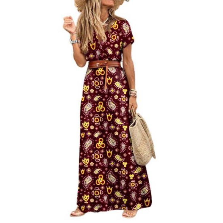 Swirl Print Bohemian Womens Dress with Large Ruffles Short Sleeves Furrow Ruffles and Work Belt