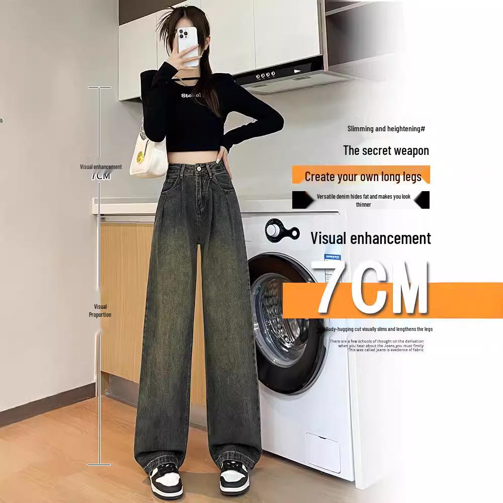 Pleated Wide-Leg High-Waist Gray Jeans for Women - Retro & Nostalgic Autumn Wear
