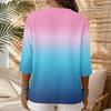 Women's Casual Gradient Print V Neck Button Three Quarter Sleeve T Shirt Linen Cotton Blend Top for Everyday Wear