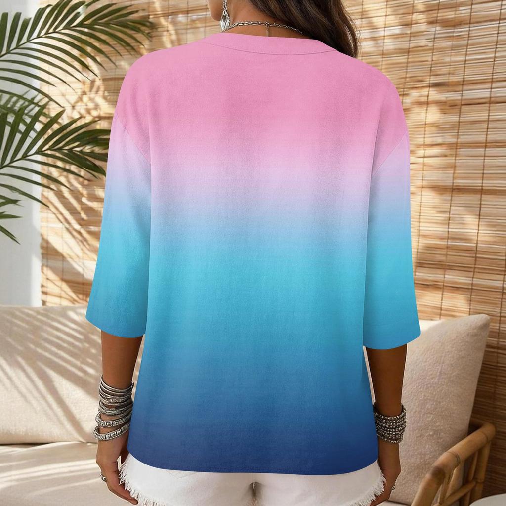 Women's Casual Gradient Print V Neck Button Three Quarter Sleeve T Shirt Linen Cotton Blend Top for Everyday Wear