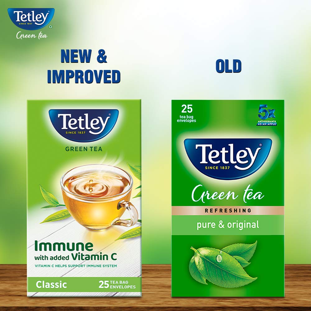 Tetley Green Tea Classic  Immune With Vitamin C 25 Tea Bags 1.3g Each Classic Green Tea Flavor