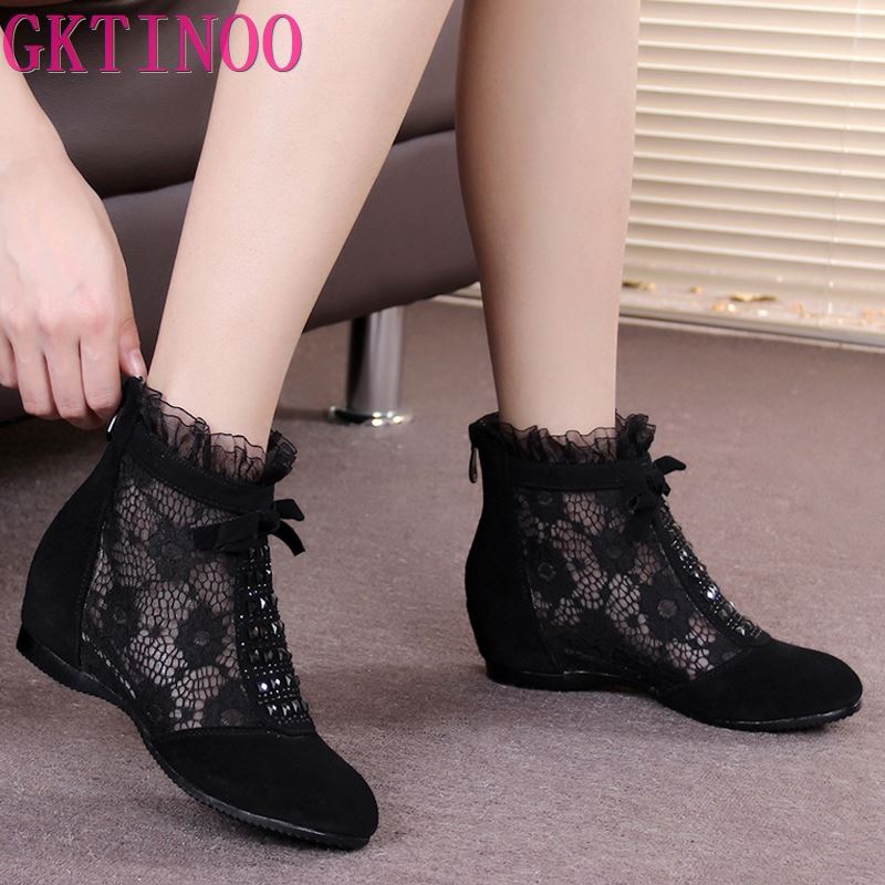 Fashion GKTINOO 2025 Fashion Summer Ankle Boots for Women Flat Heel Boots Mesh Height Increasing Casual Shoes Genuine Leather Big Size
